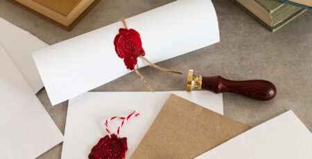A rolled white diploma or certificate tied with twine, featuring a red wax seal, next to a gold sealing stamp and stacks of books.
